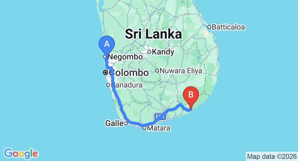 Driving route map: Colombo Airport (CMB) to Wild Trails Yala Eco Camp by Yoho, Yala (290 km, approx 4 h 8 min private transfer)