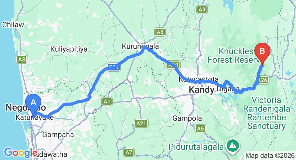 Driving route map: Colombo Airport (CMB) to Yahangala Resort, Ambakumbura (168 km, approx 4 h 27 min private transfer)