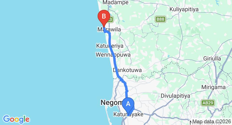 Driving route map: Colombo Airport (CMB) to Sanmali Beach Hotel, Marawila (34 km, approx 1 h 3 min private transfer)