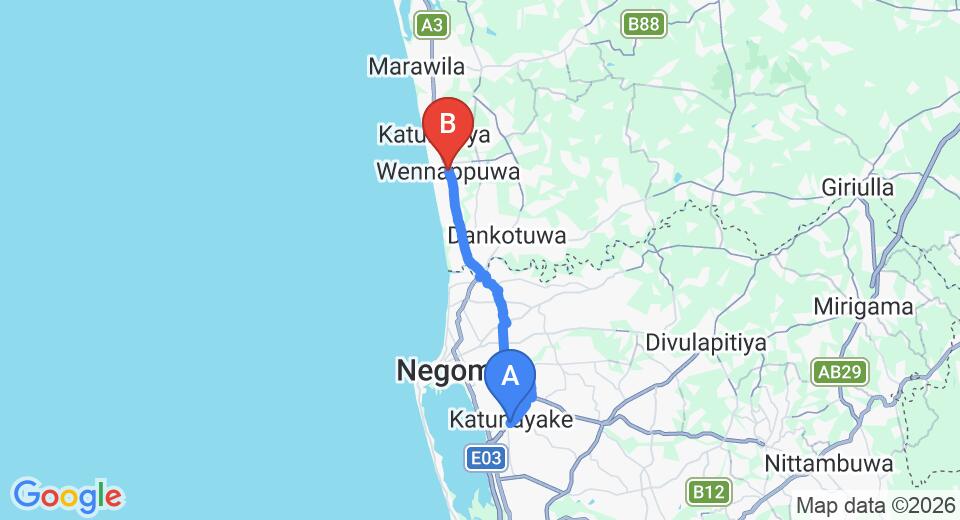 Driving route map: Colombo Airport (CMB) to Wennappuwa (24 km, approx 47 min private transfer)