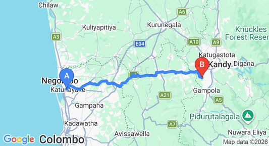 Driving route map: Colombo Airport (CMB) to Athulya Villas, Kandy (96 km, approx 2 h 51 min private transfer)