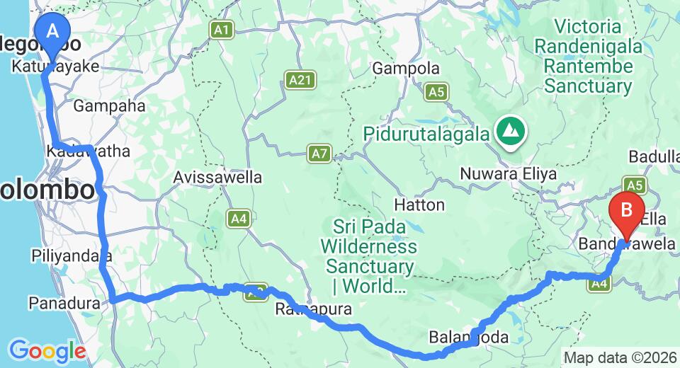 Driving route map: Colombo Airport (CMB) to Silver Springs, Bandarawela (220 km, approx 5 h 23 min private transfer)