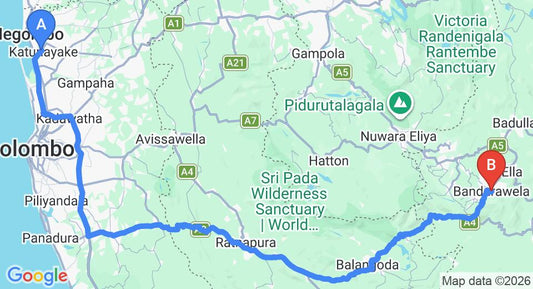 Driving route map: Colombo Airport (CMB) to Prince Hotel, Bandarawela (220 km, approx 5 h 23 min private transfer)