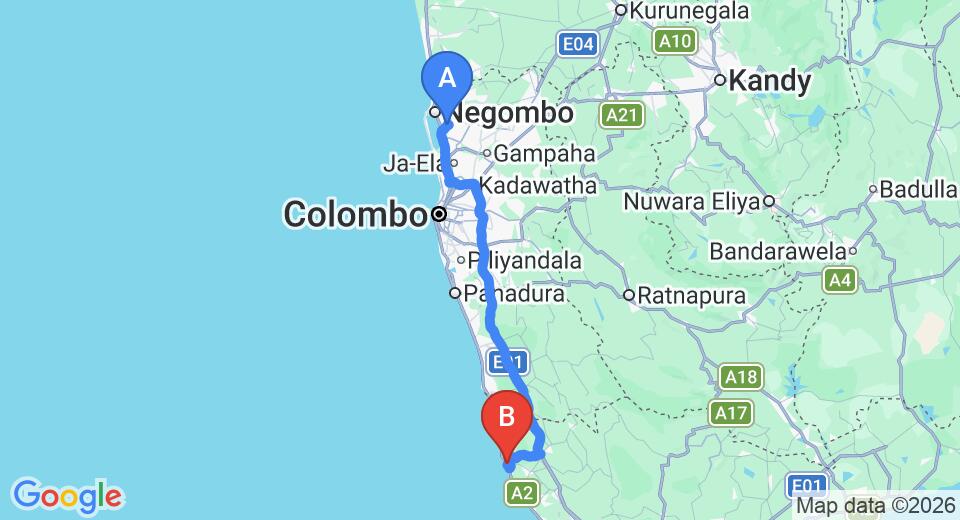 Driving route map: Colombo Airport (CMB) to Dream Beach Resort, Ambalangoda (133 km, approx 2 h 6 min private transfer)