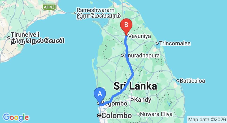 Driving route map: Colombo Airport (CMB) to Vavuniya (234 km, approx 4 h 44 min private transfer)