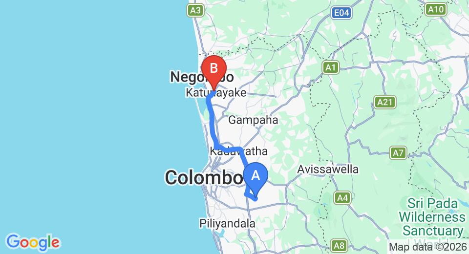 Driving route map: Athurugiriya to Colombo Airport (CMB) (46 km, approx 45 min private transfer)