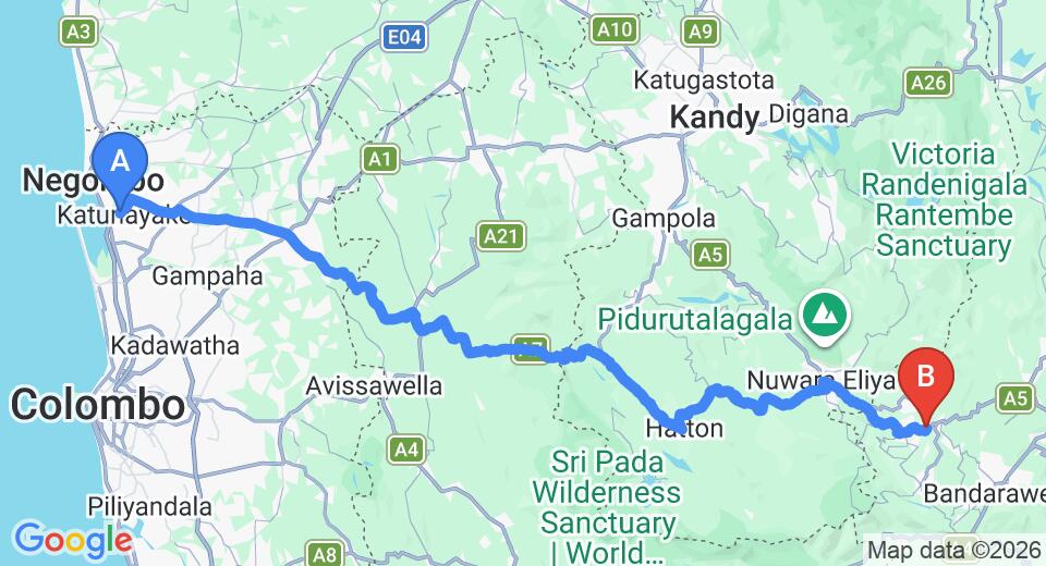 Driving route map: Colombo Airport (CMB) to Surrey Bird Sanctuary and Holiday Resort, Welimada (175 km, approx 5 h 26 min private transfer)