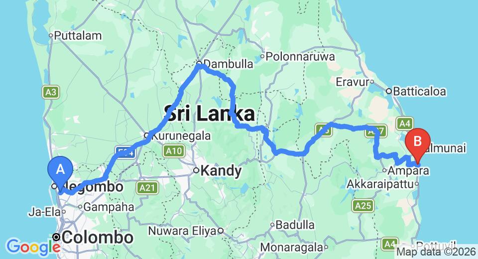 Driving route map: Colombo Airport (CMB) to Thompukandam Village Resort, Ampara (351 km, approx 7 h 6 min private transfer)