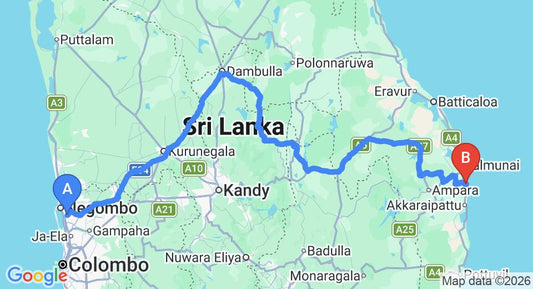 Driving route map: Colombo Airport (CMB) to Thompukandam Village Resort, Ampara (351 km, approx 7 h 6 min private transfer)