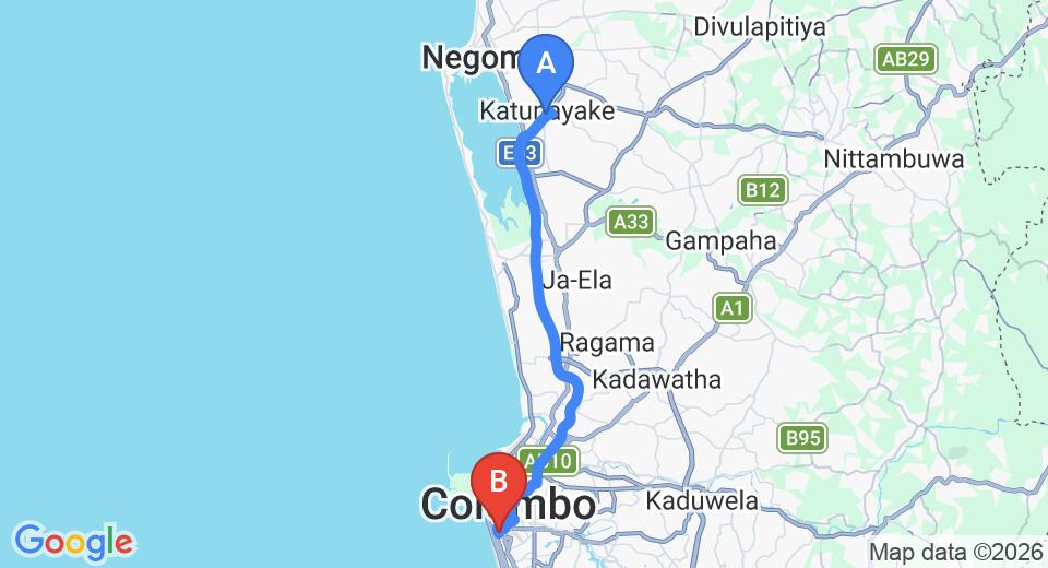 Driving route map: Colombo Airport (CMB) to Chelsea Gardens, Colombo (35 km, approx 48 min private transfer)