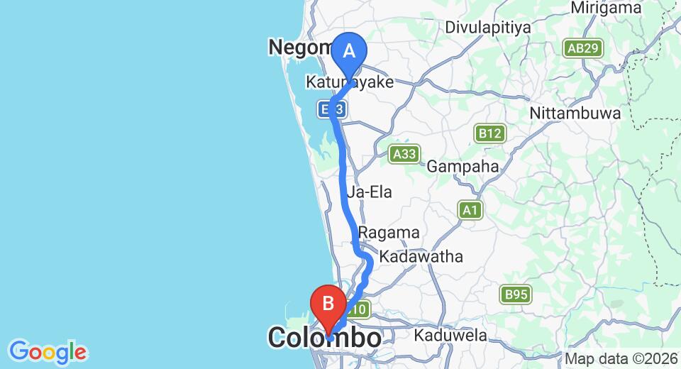 Driving route map: Colombo Airport (CMB) to Maradana (32 km, approx 40 min private transfer)