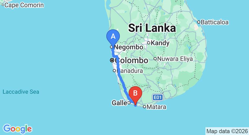 Driving route map: Colombo Airport (CMB) to Idda Villas, Ahangama (165 km, approx 2 h 21 min private transfer)