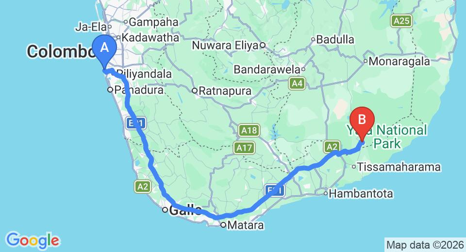 Driving route map: Ratmalana (RML) Airport to Kataragama (245 km, approx 3 h 26 min private transfer)