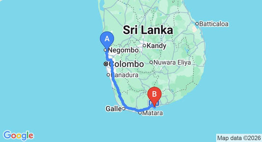 Driving route map: Colombo Airport (CMB) to Nuga Sewana Eden, Tangalle (218 km, approx 2 h 54 min private transfer)
