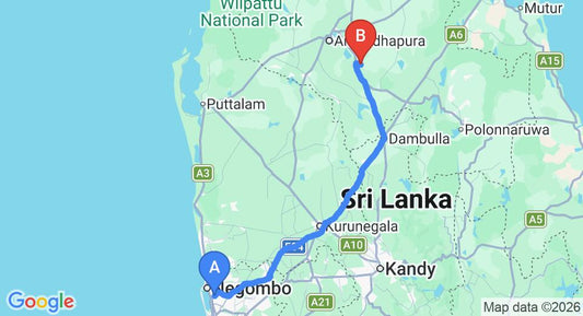 Driving route map: Colombo Airport (CMB) to Uga Ulagalla resort, Anuradhapura to Colombo Airport (CMB) Private Transfer (173 km, approx 3 h 38 min private transfer)
