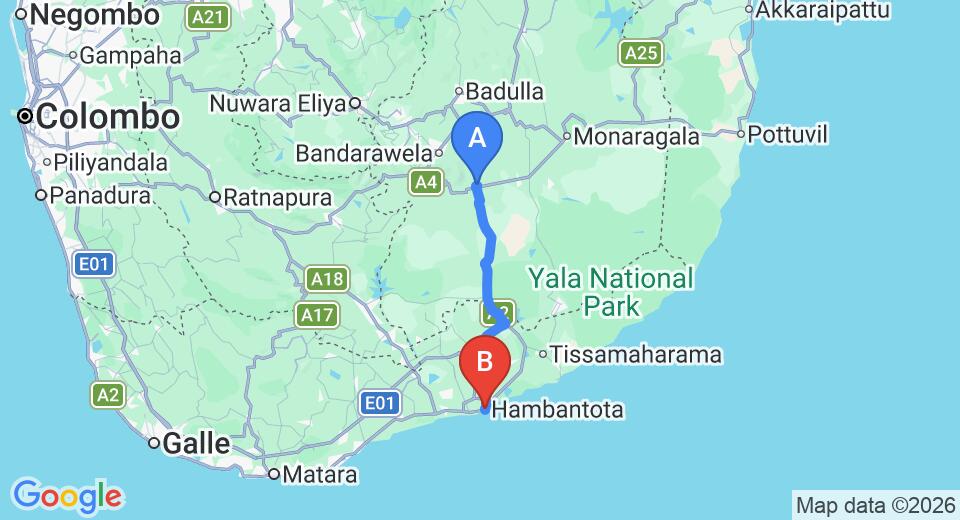 Driving route map: Wellawaya to Hambantota (82 km, approx 1 h 31 min private transfer)