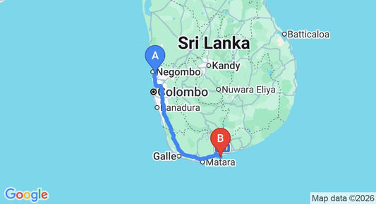 Driving route map: Colombo Airport (CMB) to French Residence Guest House, Tangalle (212 km, approx 2 h 53 min private transfer)