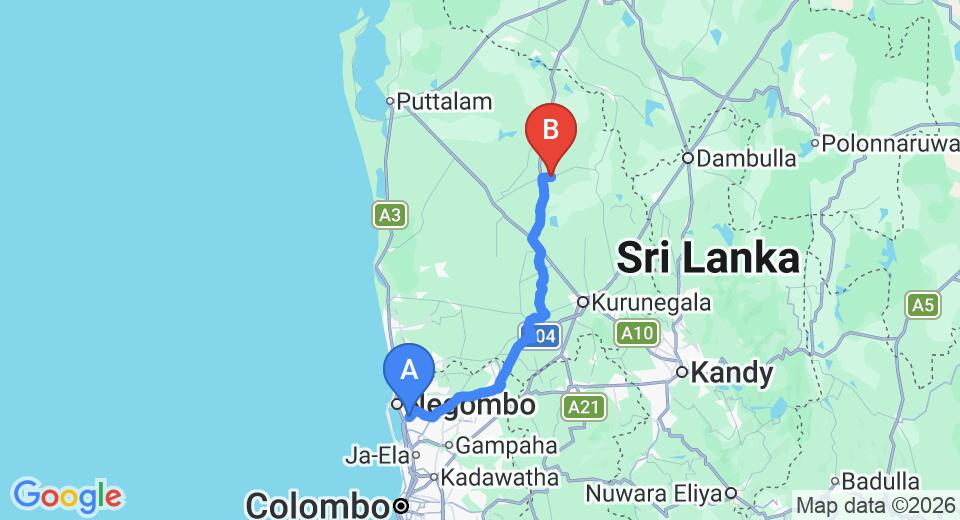 Driving route map: Colombo Airport (CMB) to Maho (112 km, approx 2 h 31 min private transfer)