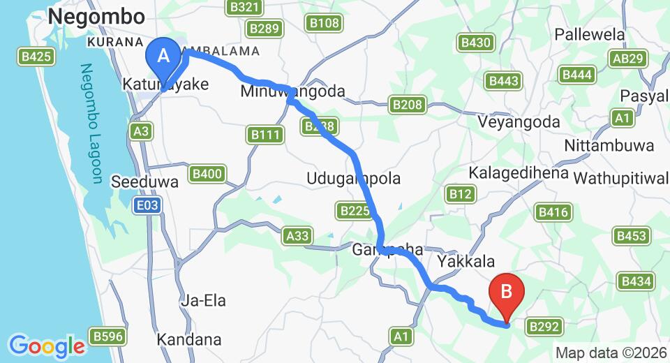 Driving route map: Colombo Airport (CMB) to Buthpitiya (29 km, approx 58 min private transfer)