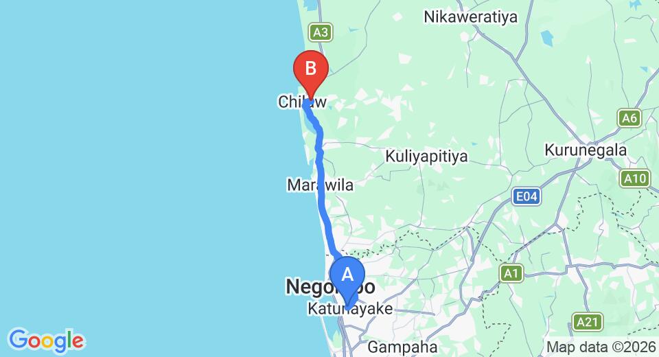 Driving route map: Colombo Airport (CMB) to Red Banana, Chilaw (54 km, approx 1 h 32 min private transfer)