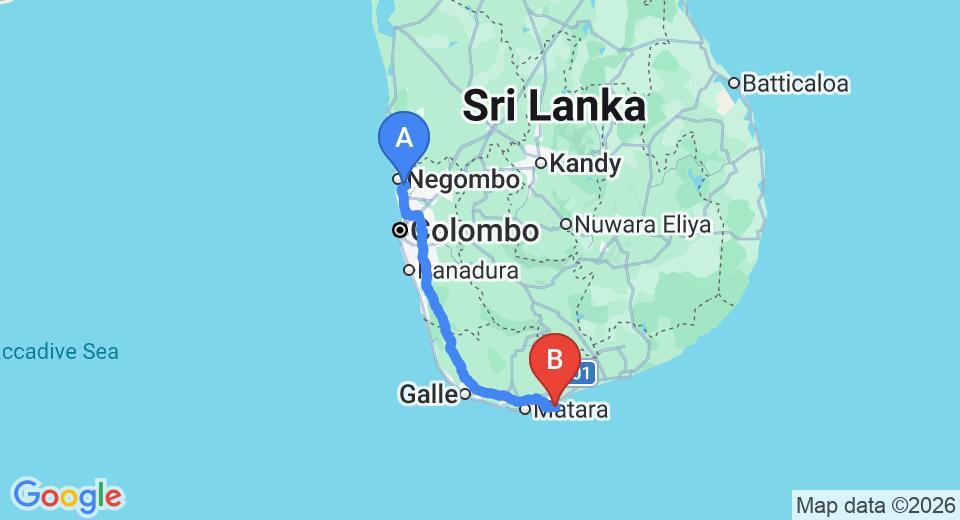 Driving route map: Colombo Airport (CMB) to Blue Heights, Dikwella (202 km, approx 2 h 58 min private transfer)