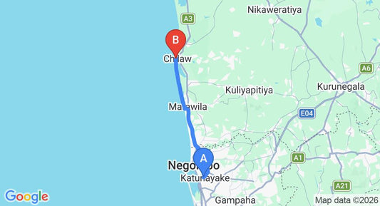Driving route map: Colombo Airport (CMB) to Chilaw Rest House, Puttalam (53 km, approx 1 h 29 min private transfer)
