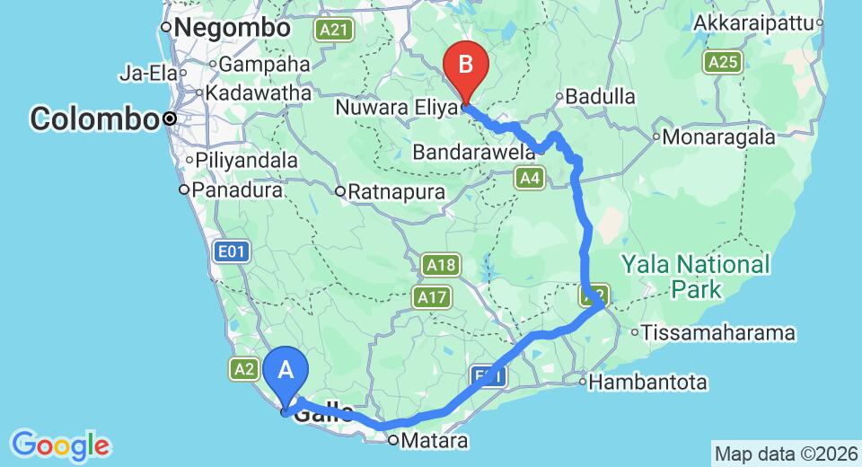 Driving route map: Galle to Nuwara Eliya (256 km, approx 5 h 13 min private transfer)