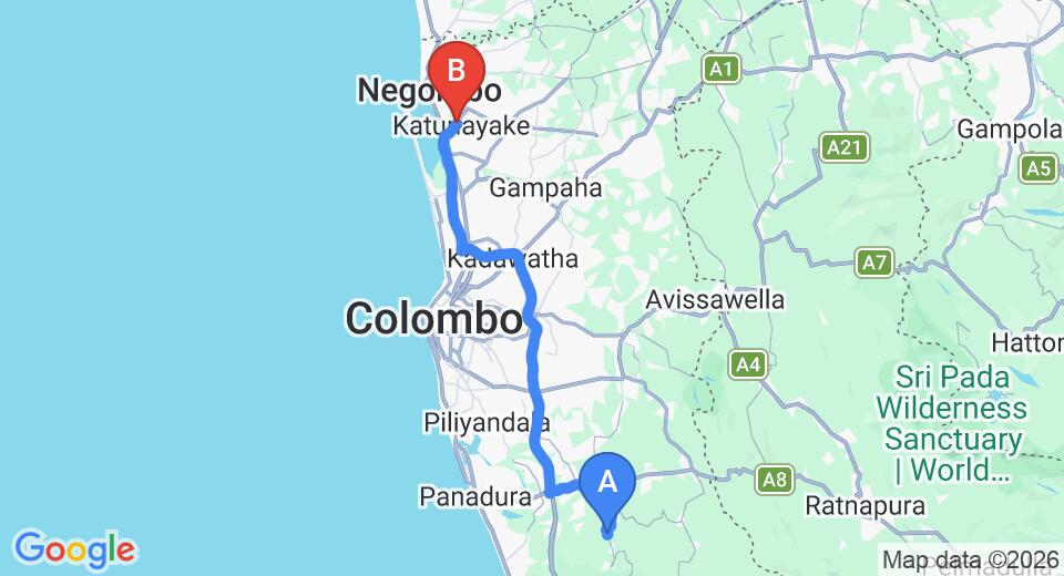 Driving route map: Yala to Colombo Airport (CMB) (76 km, approx 1 h 20 min private transfer)
