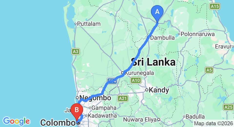 Driving route map: Habarana to Colombo Seaport (183 km, approx 3 h 45 min private transfer)