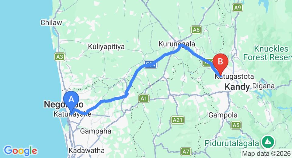 Driving route map: Colombo Airport (CMB) to Hotel Sunrich, Kandy (101 km, approx 2 h 20 min private transfer)