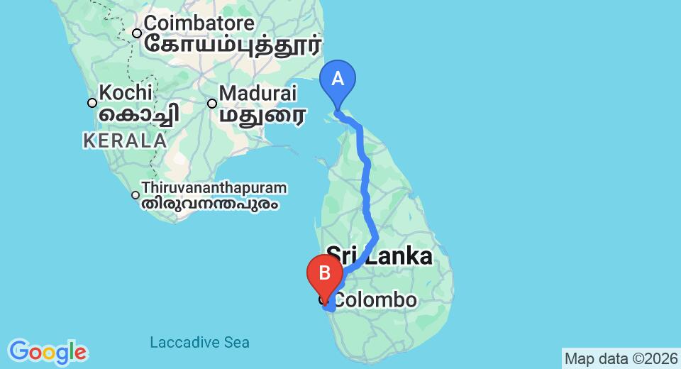 Driving route map: Jaffna (JAF) Airport to Ratmalana (RML) Airport (428 km, approx 8 h 33 min private transfer)