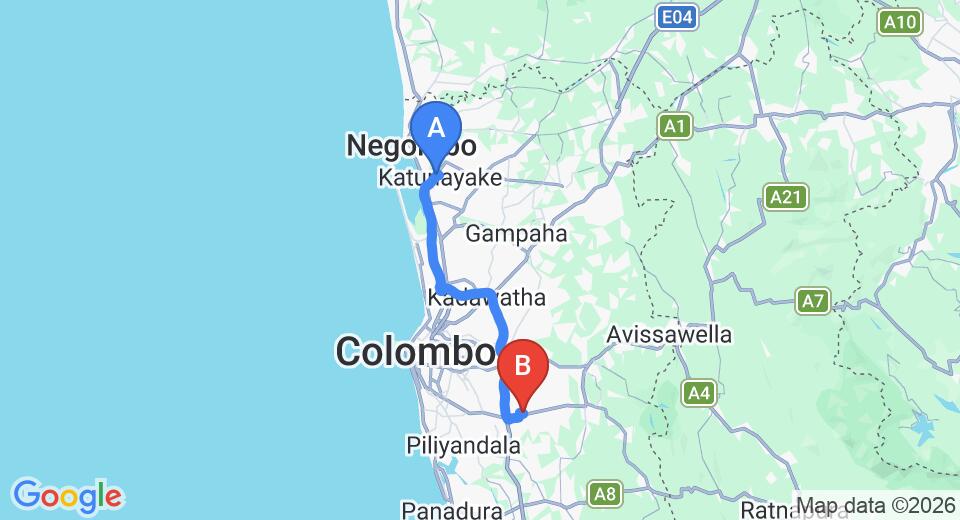 Driving route map: Colombo Airport (CMB) to Homagama (52 km, approx 53 min private transfer)