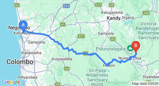 Driving route map: Colombo Airport (CMB) to Kadapola (164 km, approx 5 h 5 min private transfer)