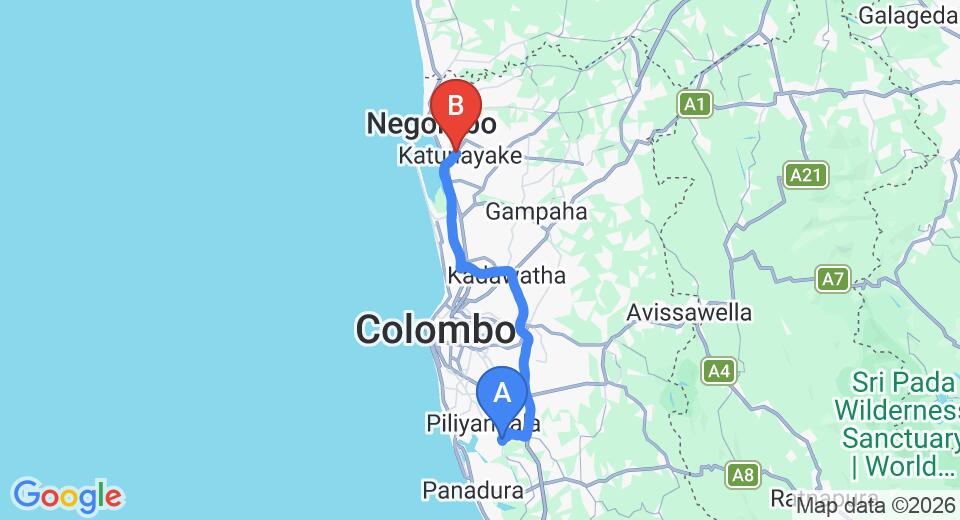 Driving route map: Kesbewa to Colombo Airport (CMB) (58 km, approx 55 min private transfer)