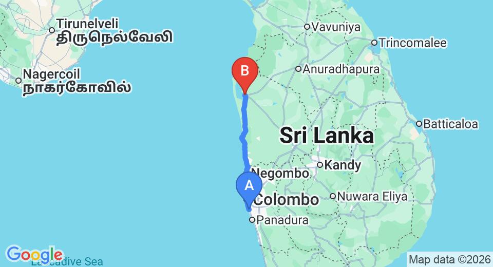 Driving route map: Ratmalana (RML) Airport to Puttalam (148 km, approx 3 h 39 min private transfer)