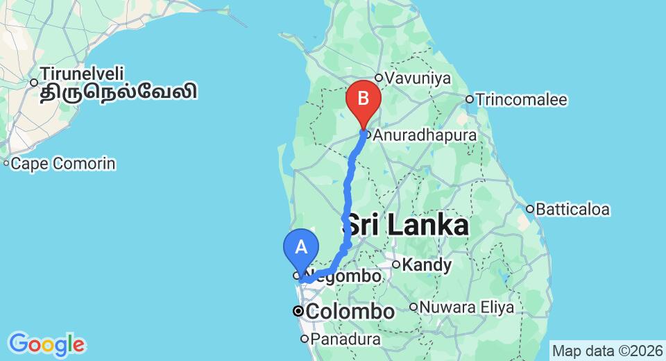 Driving route map: Colombo Airport (CMB) to Tissawewa Grand, Anuradhapura (175 km, approx 3 h 45 min private transfer)