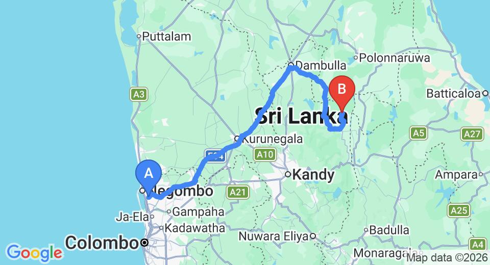 Driving route map: Colombo Airport (CMB) to Lavendish Wild Safari, Wasgamuwa (201 km, approx 4 h 10 min private transfer)