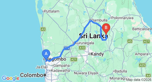 Driving route map: Colombo Airport (CMB) to Lavendish Wild Safari, Wasgamuwa (201 km, approx 4 h 10 min private transfer)