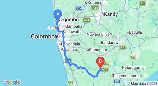 Driving route map: Colombo Airport (CMB) to The Rainforest Ecolodge - Sinharaja, Deniyaya (201 km, approx 4 h 34 min private transfer)