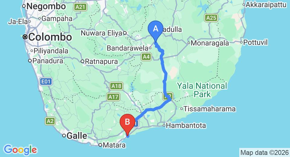 Driving route map: Ella to Tangalle (137 km, approx 2 h 36 min private transfer)