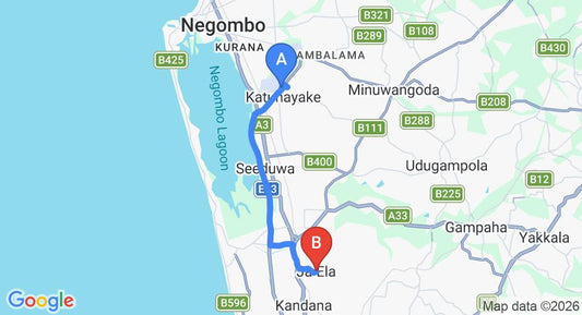 Driving route map: Colombo Airport (CMB) to Millhomes, Ja Ela (16 km, approx 24 min private transfer)