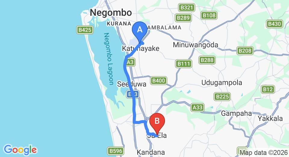Driving route map: Colombo Airport (CMB) to Ja Ela (16 km, approx 24 min private transfer)