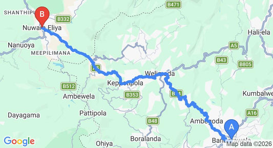 Driving route map: Bandarawela to Nuwara Eliya (48 km, approx 1 h 35 min private transfer)