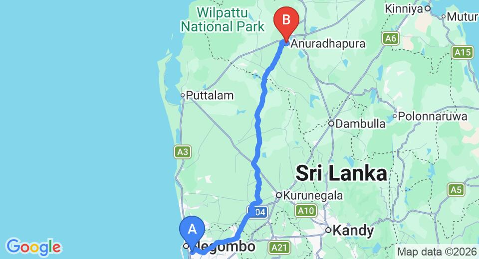 Driving route map: Colombo Airport (CMB) to Anuradhapura (174 km, approx 3 h 45 min private transfer)