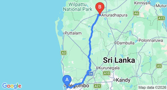 Driving route map: Colombo Airport (CMB) to Sanka HomeStay, Anuradhapura (174 km, approx 3 h 45 min private transfer)