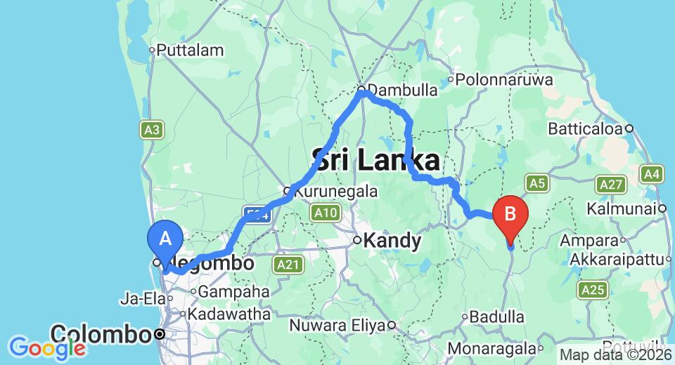 Driving route map: Colombo Airport (CMB) to Maduru Oya (253 km, approx 5 h 11 min private transfer)
