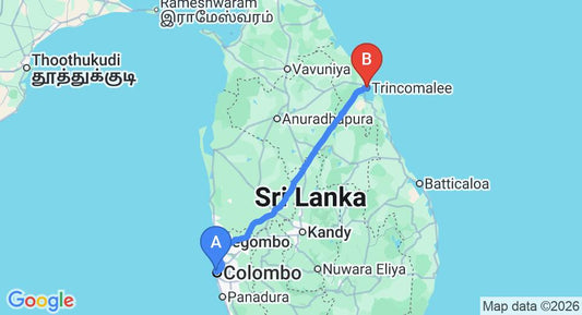 Driving route map: Colombo Seaport to Trincomalee (268 km, approx 5 h 16 min private transfer)