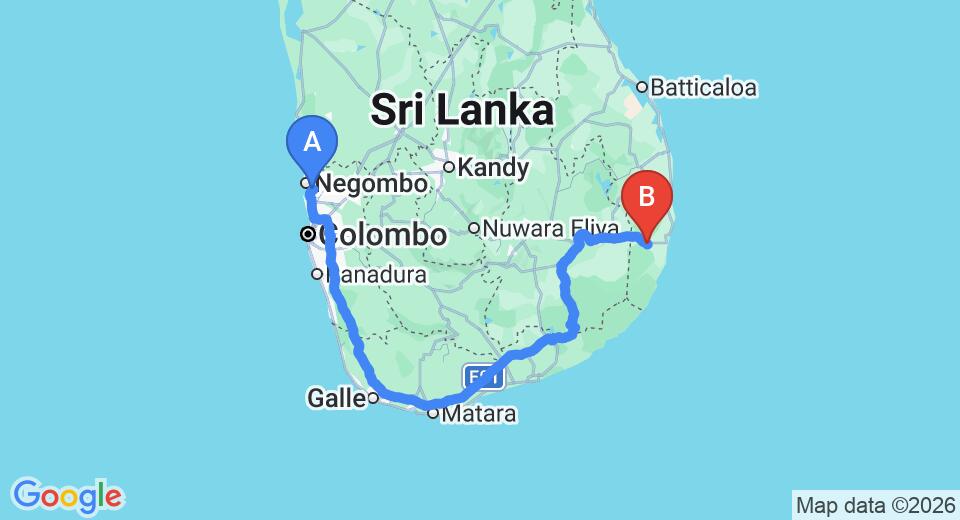 Driving route map: Colombo Airport (CMB) to Lahugala (401 km, approx 6 h 5 min private transfer)