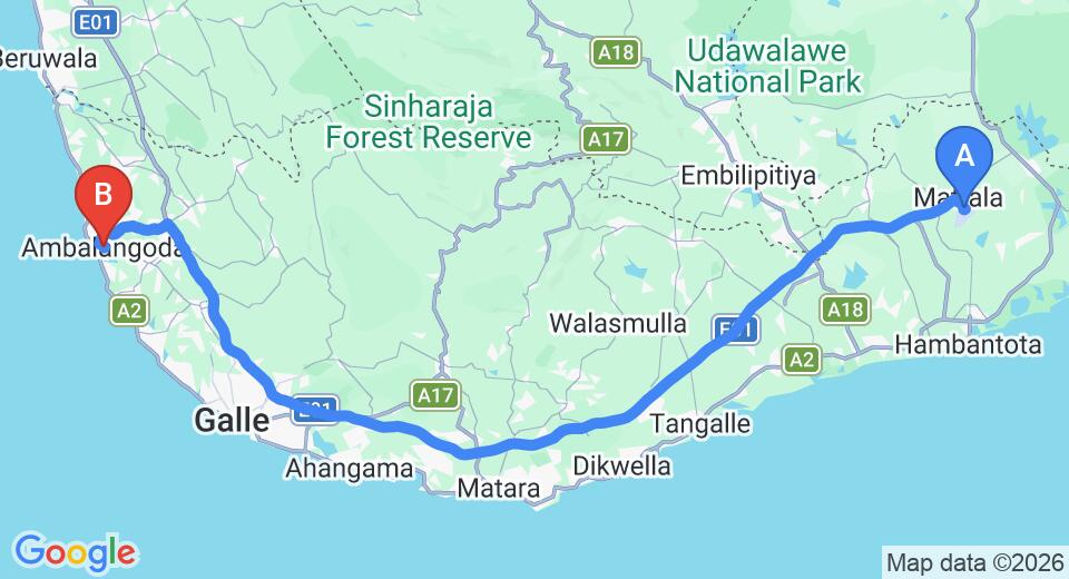 Driving route map: Mattala (HRI) Airport to Ambalangoda (150 km, approx 2 h 3 min private transfer)