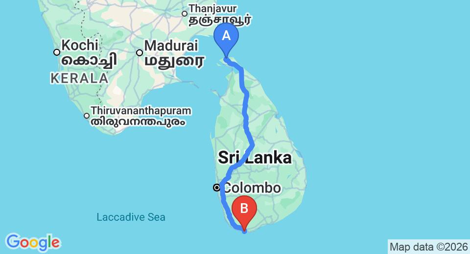 Driving route map: Jaffna (JAF) Airport to Mirissa (536 km, approx 9 h 49 min private transfer)